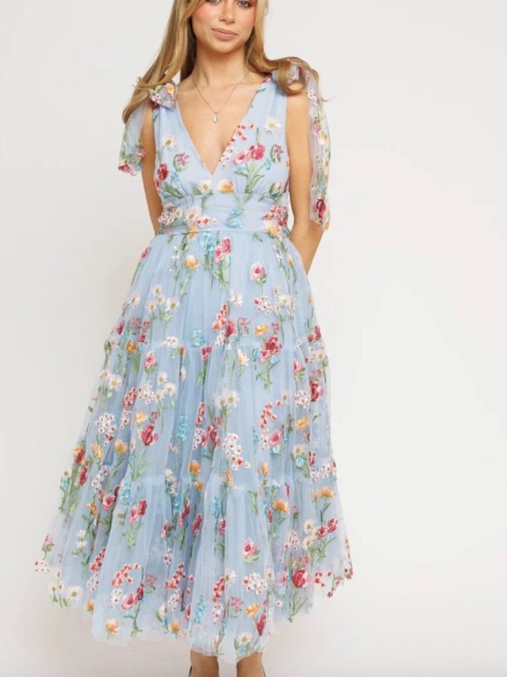 Jessakae Margaret Dress 2X Blue Floral Embroidered Midi Romantic Cottagecore